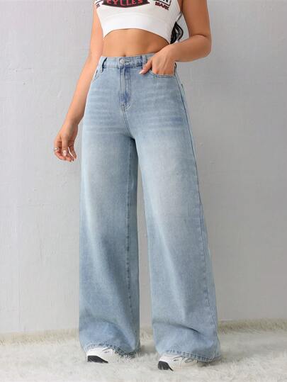 SHEIN Tall سروال جينز كاجوال فضفاض مستقيم للنساء، أزرق، بنطال للنساء الطويلات، بنطال شتوي للنساء، سيدات السيارات السريعة، ملابس خريفية للنساء