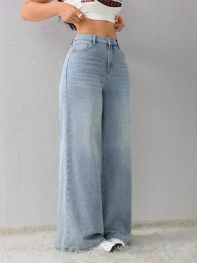 SHEIN Tall سروال جينز كاجوال فضفاض مستقيم للنساء، أزرق، بنطال للنساء الطويلات، بنطال شتوي للنساء، سيدات السيارات السريعة، ملابس خريفية للنساء