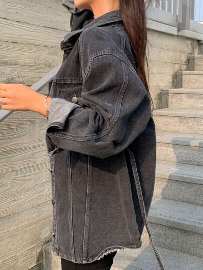 DAZY جينز كاجوال فضفاض مغسول ممزق مع تقسيمة الذيل، ملابس خريفية، جاكيت جينز