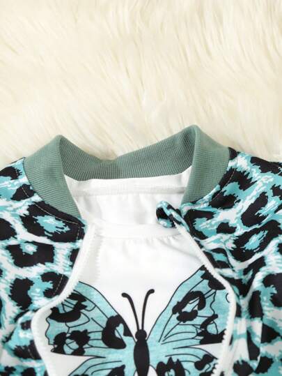 SHEIN Elladie kids طقم كاجوال مكون من 3 قطع من جاكيت بيسبول طباعة فهد للفتاة الصغيرة، وبلوزة طباعة فراشة وبنطلون رياضي في الربيع والخريف
