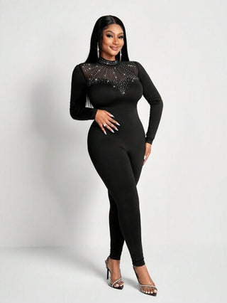 Slaydiva جمبسوت نسائية طويلة الأكمام ضيقة جديدة وجذابة مع تفاصيل ماسية، قلب، وشبكي بياقة ضيقة