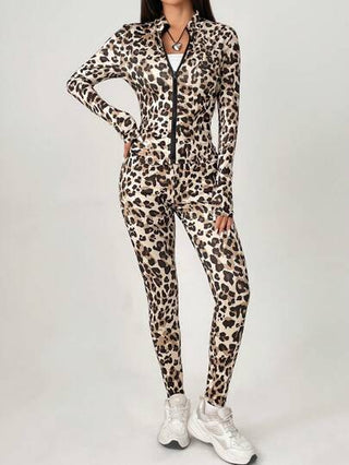 SHEIN PETITE بذلة رياضية قطعتين مطبوعة بنمط النمر، جاكيت محزمة وسروال ضيق