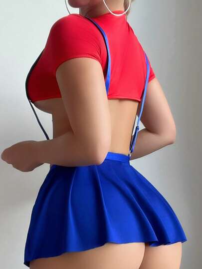 طقم تانكيني حريمي Fantasy Costume 3 قطع: سطيح جريء وضيق يكشف عن نصف الجزء العلوي بالإضافة إلى سروال جي وتنورة مصنوعة بطيات، ملابس للحفلات والنوادي