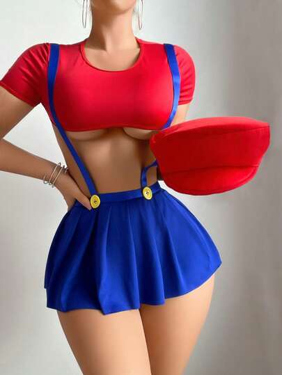 طقم تانكيني حريمي Fantasy Costume 3 قطع: سطيح جريء وضيق يكشف عن نصف الجزء العلوي بالإضافة إلى سروال جي وتنورة مصنوعة بطيات، ملابس للحفلات والنوادي