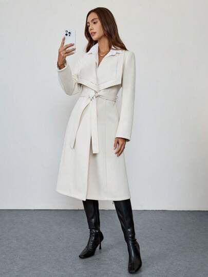 SHEIN Clasi معطف بياقة كبيرة للشتاء لمظهر يومي للنساء، أكمام طويلة، لون سادة، بقصة منتظمة، مناسب للاستخدام في فصل الخريف