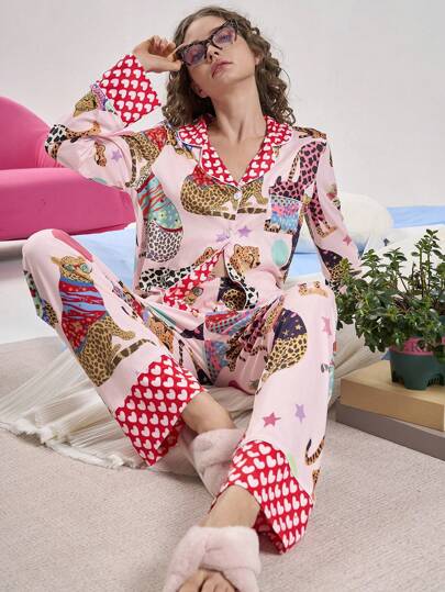 Chillnights طقم بيجامة نسائي طويل الأكمام فوق وبنطال كاجوال بطبعات حيوانات