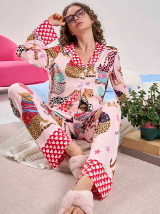 Chillnights طقم بيجامة نسائي طويل الأكمام فوق وبنطال كاجوال بطبعات حيوانات