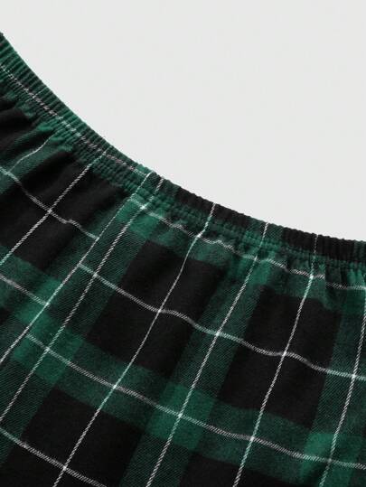 SHEIN بنطلون رجالي مريح بخصر مطاطي مربعات، ملابس منزلية، خريف، ملابس عيد الميلاد، شتاء، قطعتان