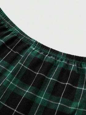 SHEIN بنطلون رجالي مريح بخصر مطاطي مربعات، ملابس منزلية، خريف، ملابس عيد الميلاد، شتاء، قطعتان