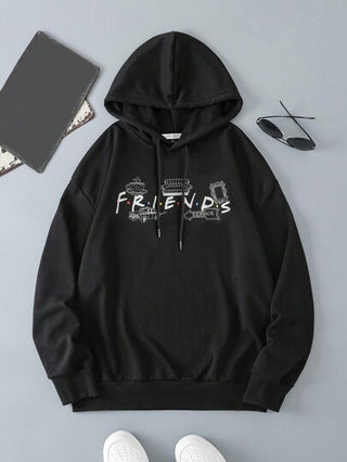 FRIENDS X SHEIN بلوزة رياضية ذات كابوشون بسحاب وطباعة حرفية منخفضة الكتف للرجال ، ربيع وخريف