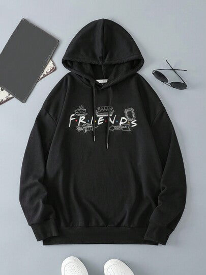 FRIENDS X SHEIN بلوزة رياضية ذات كابوشون بسحاب وطباعة حرفية منخفضة الكتف للرجال ، ربيع وخريف