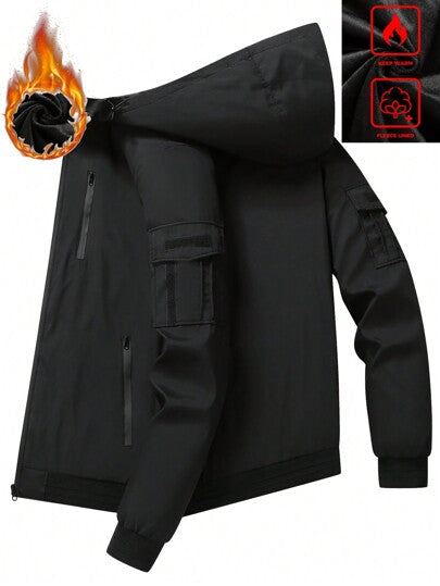 Manfinity Homme جاكيت رجالي ، جاكيت خارجية رياضية غير رسمية ذات جيوب متعددة مبطنة حرارية مع كابوشون، أكمام طويلة بغطاء رأس باللون الأسود ، هدية للأصدقاء والأزواج والأحباء