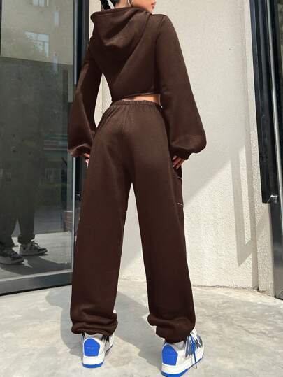 SHEIN EZwear مجموعة رياضية مريحة للنساء مكونة من هوديي وبنطلون رياضي، ذات ترصيع عاكس وسحاب، مناسبة للموسم الانتقالي