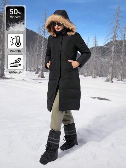 SHEIN EZwear معطف نسائي ذو قلنسوة وجيب من الزغب ملوّن بشكل رقعي، كم طويل، مصنوع من ريش وريشة، مناسب للشتاء