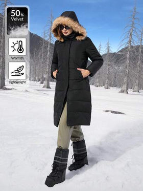 SHEIN EZwear معطف نسائي ذو قلنسوة وجيب من الزغب ملوّن بشكل رقعي، كم طويل، مصنوع من ريش وريشة، مناسب للشتاء
