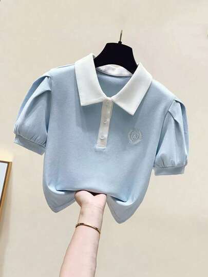 ملابس علوية بولو للبنات بطراز بريبي، أكمام قصيرة، ملابس علوية أنيقة بأكمام منتفخة، قمصان كاجوال صيفية جديدة، عودة إلى المدرسة