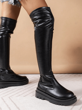 بوت أكمام الركبة العصري والمريح للسيدات، وردي أسود، يناسب ارتدائه مع ال-كنزة صوفيةرمضان