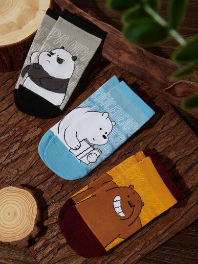 We Bare Bears X  3 حزم/دبابيس جوارب للكاحل للنساء ذات نمط الدب الكرتوني الجميل