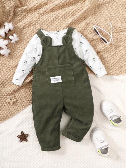 SHEIN Vintaside Kids للاولاد الاطفال صور رسوم كارتون بوديسوت & بتصميم آذان ثلاثية الأبعاد جمبسوت بحمالات