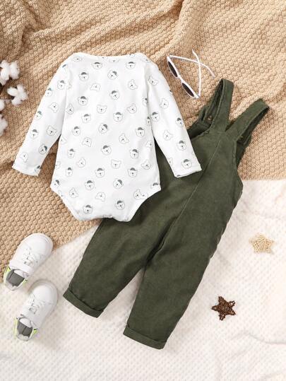 SHEIN Vintaside Kids للاولاد الاطفال صور رسوم كارتون بوديسوت & بتصميم آذان ثلاثية الأبعاد جمبسوت بحمالات