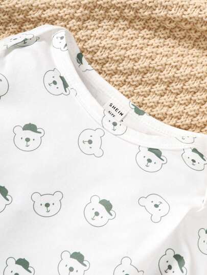 SHEIN Vintaside Kids للاولاد الاطفال صور رسوم كارتون بوديسوت & بتصميم آذان ثلاثية الأبعاد جمبسوت بحمالات