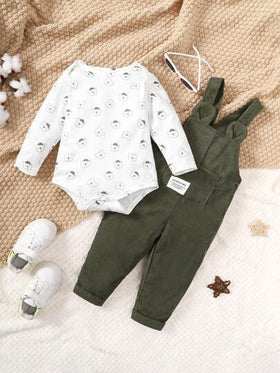 SHEIN Vintaside Kids للاولاد الاطفال صور رسوم كارتون بوديسوت & بتصميم آذان ثلاثية الأبعاد جمبسوت بحمالات