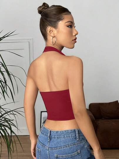 EZwear ملابس علوية حلاقة الرقبة عميقة الخطوط على شكل هالتر مع ربطة خلفية بدون أكمام، أمام مطوي وخلف مكشوف