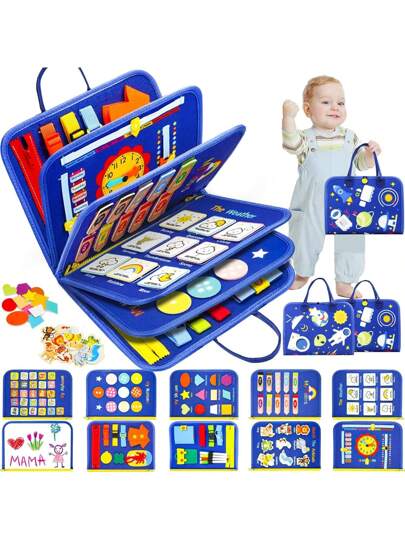 لوحة نشطة متعددة الاستخدامات - 12 في 1 - ألعاب حسية، تعزز تطوير المهارات الحركية - كتاب نشاط تعليمي مع سحاب وإبزيم وزر وأربطة، مناسب للأطفال من عمر 0+ - هدية عيد ميلاد مثالية للأولاد والبنات، ألوان الاكسسوارات عشوائية
