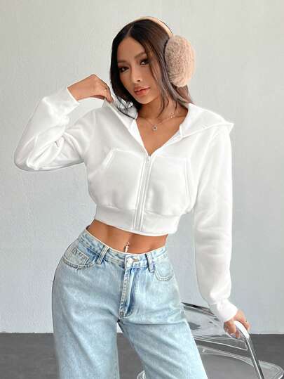 PETITE جاكيت هوديPopover أنيقة، أكمام طويلة لون واحد مع سوستة أمامية وجيب، ارتداء كاجوال يومي، موديلات أنيقة بتفاصيل محدودة