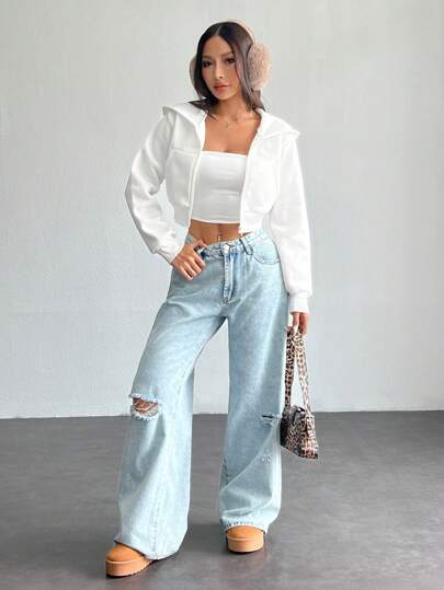 PETITE جاكيت هوديPopover أنيقة، أكمام طويلة لون واحد مع سوستة أمامية وجيب، ارتداء كاجوال يومي، موديلات أنيقة بتفاصيل محدودة