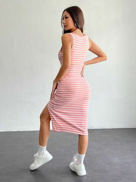 SHEIN PETITE فستان قصير مقسوم مخطط بخطوط كاجوال أساسي للنساء للصيف