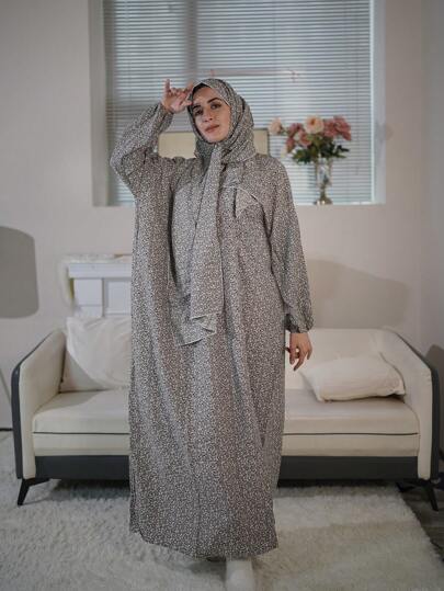 طقم تانكيني حريمي ثوب صلاة واسع مريح قابل للتنفس بطبعات أنيقة، أبية ذات أكمام طويلة محتشمة مع وشاح مدمج، فستان عربي جديد