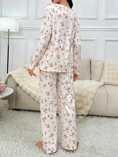 Shein Underwear&Sleepwear Maternity طقم سروال وبلوزة بأكمام طويلة مطبوعة بنقشات الزهور الصغيرة، مناسب للارضاع الطبيعي، أزياء الحمل