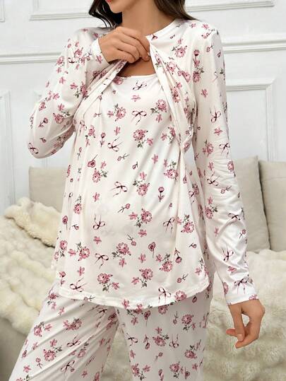 Shein Underwear&Sleepwear Maternity طقم سروال وبلوزة بأكمام طويلة مطبوعة بنقشات الزهور الصغيرة، مناسب للارضاع الطبيعي، أزياء الحمل