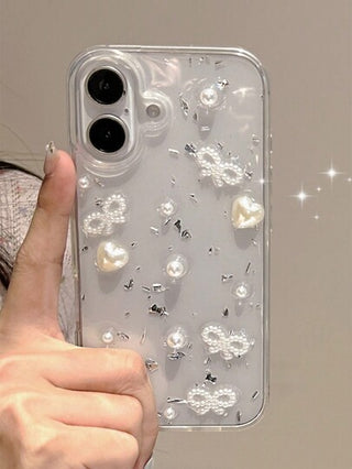 غطاء هاتف أبل فاخر مزخرف بالخرز والشريط الفضي متوافق مع هواتف iPhone 16 15 14 13 12 11 برو ماكس ميني XR X XS ماكس 7 8 بلس ملمس ناعم شفاف مع بريق الايبوكسي