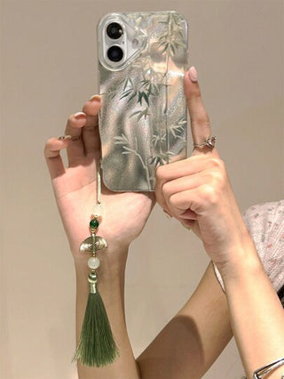 حافظة هاتف القطن الناعمة مع سلسلة متوافقة مع iPhone 16 15 14 13 12 Pro Max 11، مصنوعة من خشب الخيزران والريشة، باللون الأخضر، غطاء خلفي فاخر مقاوم للصدمات