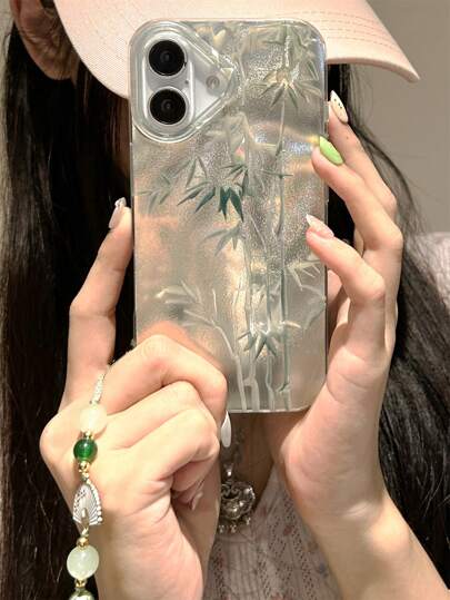 حافظة هاتف القطن الناعمة مع سلسلة متوافقة مع iPhone 16 15 14 13 12 Pro Max 11، مصنوعة من خشب الخيزران والريشة، باللون الأخضر، غطاء خلفي فاخر مقاوم للصدمات