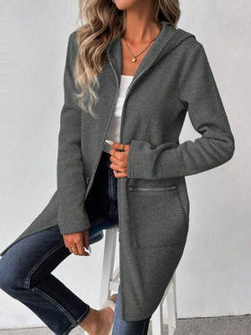 SHEIN LUNE معطف هودي أنيق للنساء، طويل الأكمام، بياقة كنغر، قماش بنطلون رياضي، بسحاب زخرفي، متوسط الطول، كاجوال