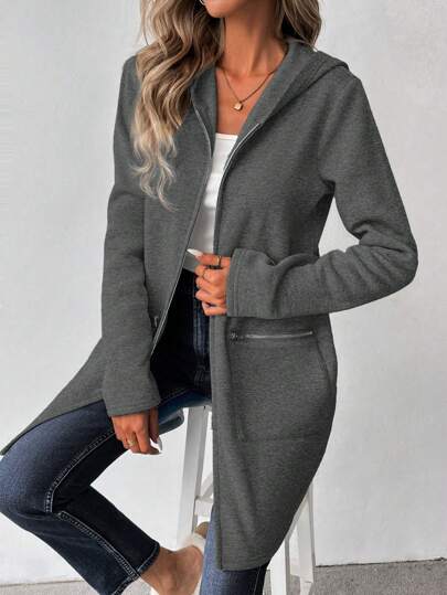 SHEIN LUNE معطف هودي أنيق للنساء، طويل الأكمام، بياقة كنغر، قماش بنطلون رياضي، بسحاب زخرفي، متوسط الطول، كاجوال