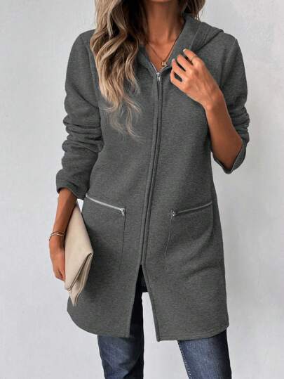 SHEIN LUNE معطف هودي أنيق للنساء، طويل الأكمام، بياقة كنغر، قماش بنطلون رياضي، بسحاب زخرفي، متوسط الطول، كاجوال