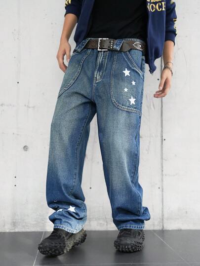 Manfinity EMRG جينز رجالي بطبعة نجمية، جيب عادي، فضفاض