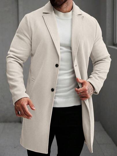 Manfinity Homme معطف طويل الأكمام بجيب وأزرار أمامية بلون واحد للرجال، ملابس خريفية وشتوية