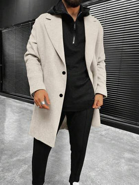 Manfinity Homme معطف طويل الأكمام بجيب وأزرار أمامية بلون واحد للرجال، ملابس خريفية وشتوية