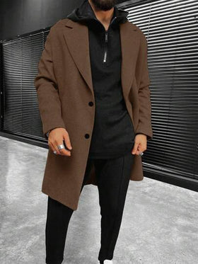Manfinity Homme معطف صوفي كاجوال للرجال بقصة صدر واحدة وياقة مبتدئة لون أحادي، للخريف/الشتاء