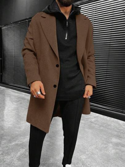 Manfinity Homme معطف صوفي كاجوال للرجال بقصة صدر واحدة وياقة مبتدئة لون أحادي، للخريف/الشتاء