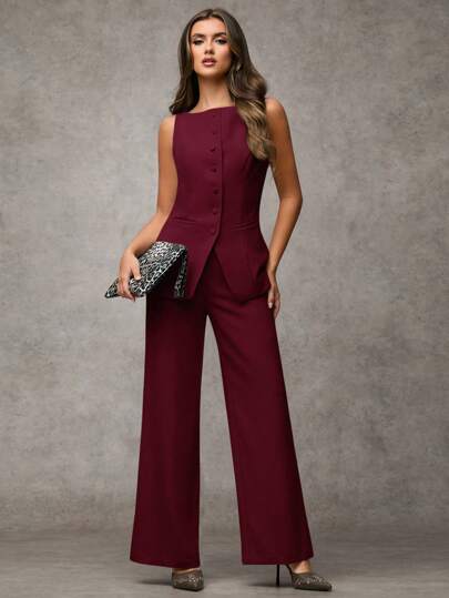 SHEIN BAE بدلة رياضية أنيقة للنساء مكونة من سترة أحادية الصدر ذات رقبة دائرية وبنطلون، ملابس صيفية وخريفية، بدلة عمل رسمية وكاجوال للمكتب، بدلة نسائية مكونة من قطعتين، بلايز نسائية للعمل