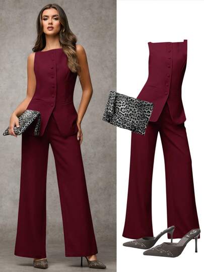 SHEIN BAE بدلة رياضية أنيقة للنساء مكونة من سترة أحادية الصدر ذات رقبة دائرية وبنطلون، ملابس صيفية وخريفية، بدلة عمل رسمية وكاجوال للمكتب، بدلة نسائية مكونة من قطعتين، بلايز نسائية للعمل