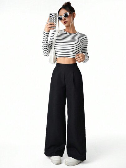 SHEIN بنطلون أسود ذو خصر عالي منسدل واسع مطوي للفتيات والفتيات المراهقات مناسب للاستخدام اليومي، مرن للربيع والصيف والخريف والشتاء