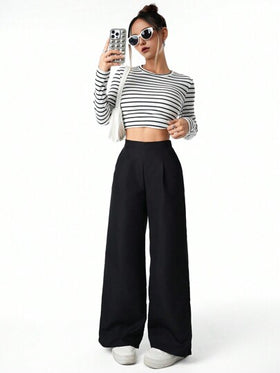 SHEIN بنطلون أسود ذو خصر عالي منسدل واسع مطوي للفتيات والفتيات المراهقات مناسب للاستخدام اليومي، مرن للربيع والصيف والخريف والشتاء