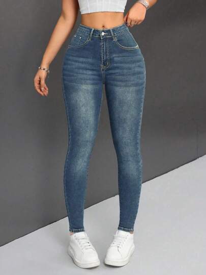 SHEIN PETITE بنطال جينز نسائي ضيق ممزق مع جيوب مائلة للاستخدام اليومي في فصلي الربيع والخريف